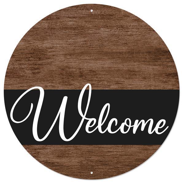 12 inch round metal Welcome Brown wood sign Brown, Black, and White