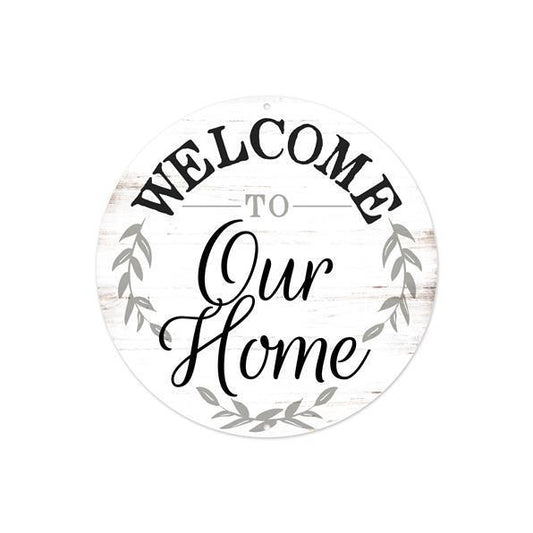 8 inch metal Welcome to Our Home sign Rustic White, Black, and Grey