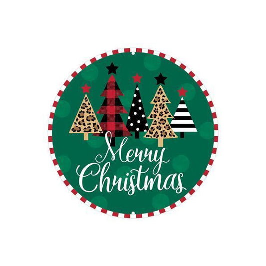 8 inch Merry Christmas with trees metal sign Black, White, Red, Green and tan