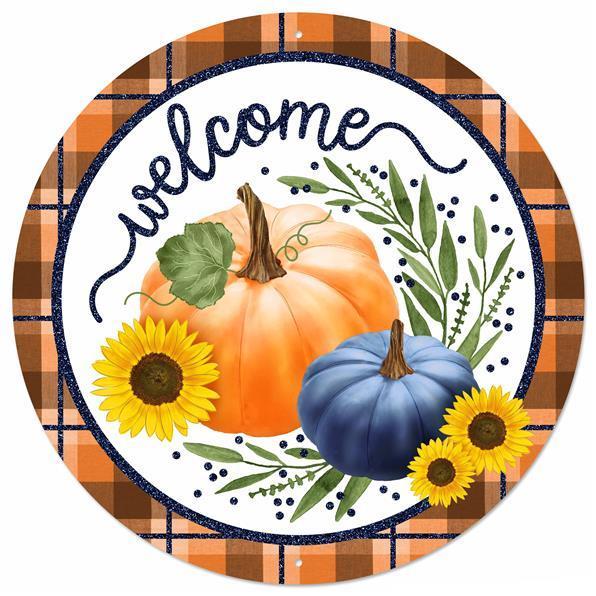 12-inch Round Metal Glitter  Welcome with Pumpkins sign Navy, Orange, Yellow, and Brown