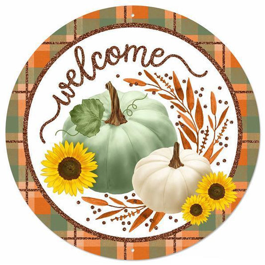 12-inch round metal Glitter Welcome with Pumpkins Sage, Orange, Yellow, and Brown