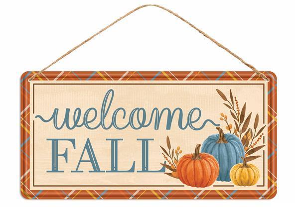 12-inch x 6-inch Embossed Tin Welcome Fall sign Cream, Blue, and Orange