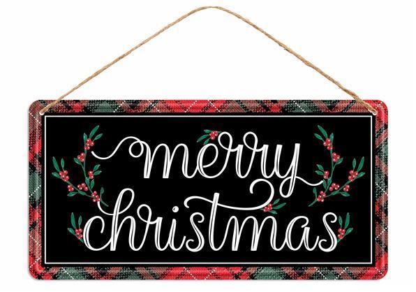 12-inch Long Tin Merry Christmas with mistletoe sign Black, Red, and White
