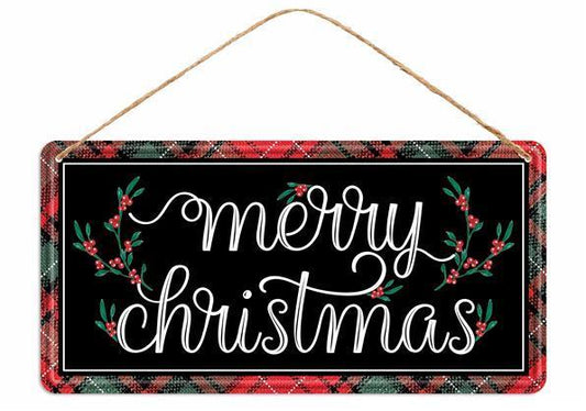 12-inch Long Tin Merry Christmas with mistletoe sign Black, Red, and White