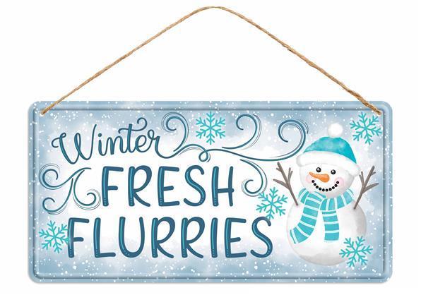 12-inch long Tin Winter Fresh Flurries with snowman sign White, Dark Blue, and Smoke