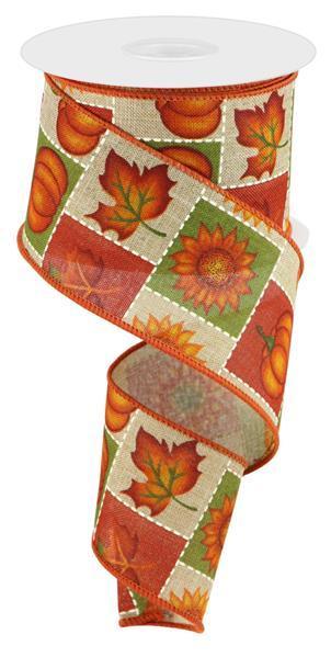 2.5 inch x 10 yard Pumpkins, Sunflowers, and Maple leaves Fall wired ribbon Light Beige multi-colored