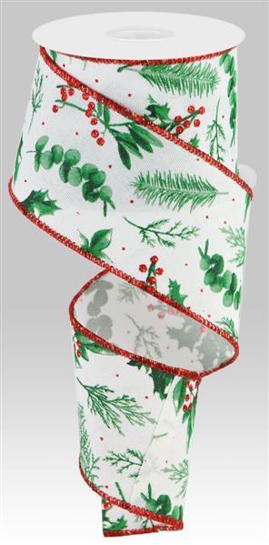 2.5 inch x 10 yard Winter Foliage wired ribbon White, Green and Red