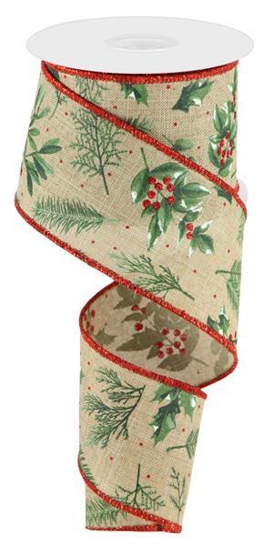 2.5 inch x 10 yard Winter Foliage wired ribbon Light Beige, Sage, and Red