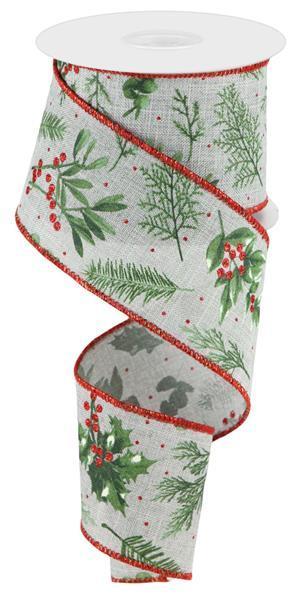 2.5 inch x 10 yard Winter Foliage wired ribbon Light Grey, Sage, and Red