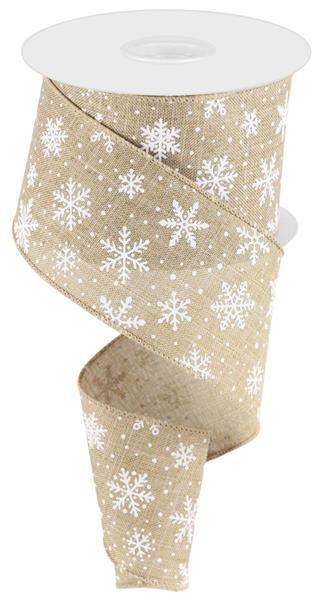 2.5 inch x 10 yard Mini snowflakes on wired royal ribbon Light Beige, and White