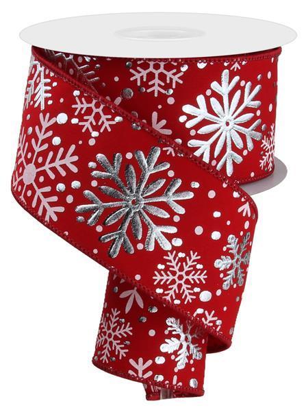 2.5 inch x 10 yard Multi Snowflakes on wired velvet ribbon Red and Silver