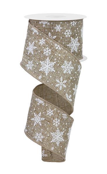 2.5 inch x 10 yard White Snowflakes on woven wired ribbon Natural and White