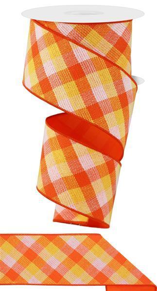 2.5 inch x 10 yard Diagonal Woven check PG fused wired ribbon Orange, Yellow, and White