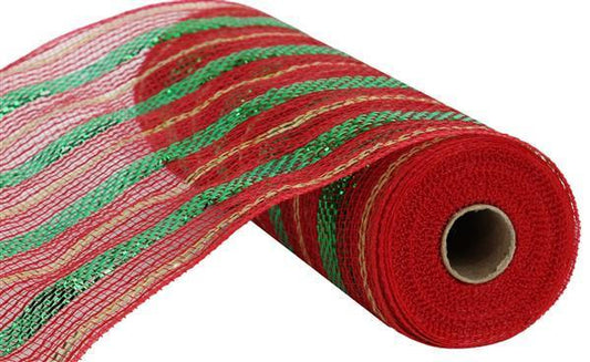10.25 inch x 10 Yard Poly Faux Jute Metallic Mesh Red Emerald and Natural