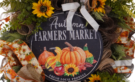 Autumn Fall Farmers Market wreath with Sunflowers, Greenery and metal sign with pumpkins on an evergreen base