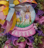 Hoppy Easter Spring wreath with embossed metal sign made on an Evergreen wreath