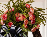 Spring/Summer grapevine wreath with Pink Peonies and Black and White striped ribbon