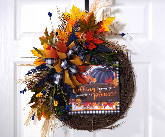 Falling Leaves and Pumpkins Please Handmade Fall wreath made on a Grapevine base