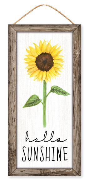 12.5 inch H X 6 inch L Hello Sunshine, sunflower sign, white, yellow, green, brown MDF