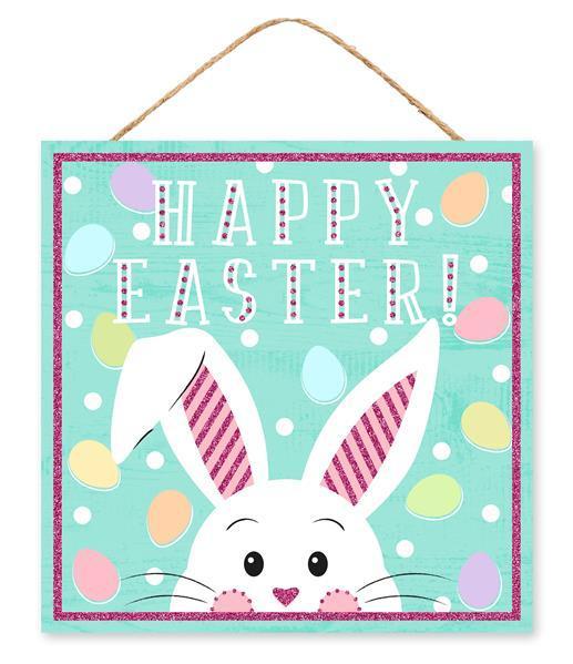 Happy Easter bunny sign pink glitter ears 10 inch