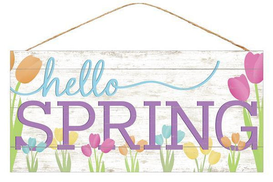 Hello Spring sign with tulips 12.5 inch L x 6 inch H