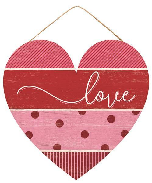 12 inch L X 11.5 inch H pattern heart sign, multi red, pink MDF