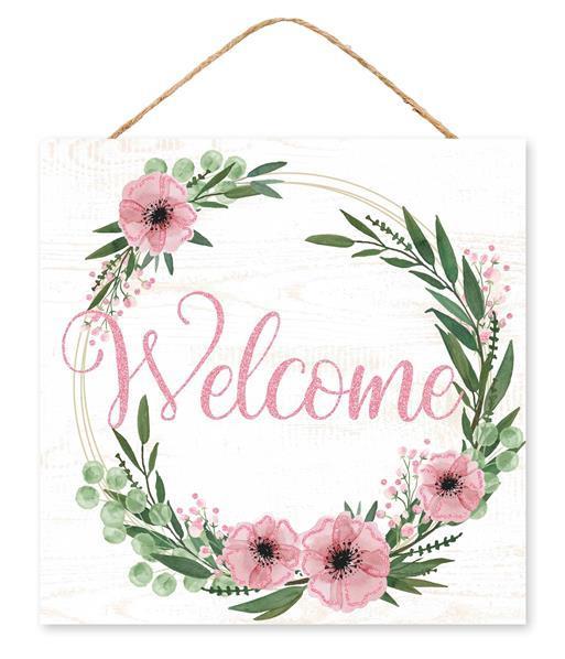 Welcome wreath sign with pink flowers and glitter 10 inch