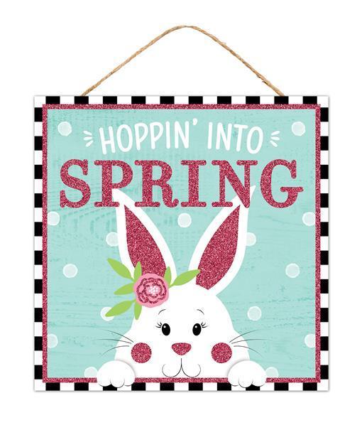 Happy Easter Hoppin into spring bunny sign with glitter 10 inch
