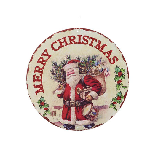 8 inch Diameter metal sign vintage Merry Christmas, red, green, cream MD0935