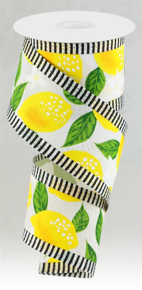 2.5 inch X 10 yards lemon, thin stripe, white, yellow, black wired ribbon
