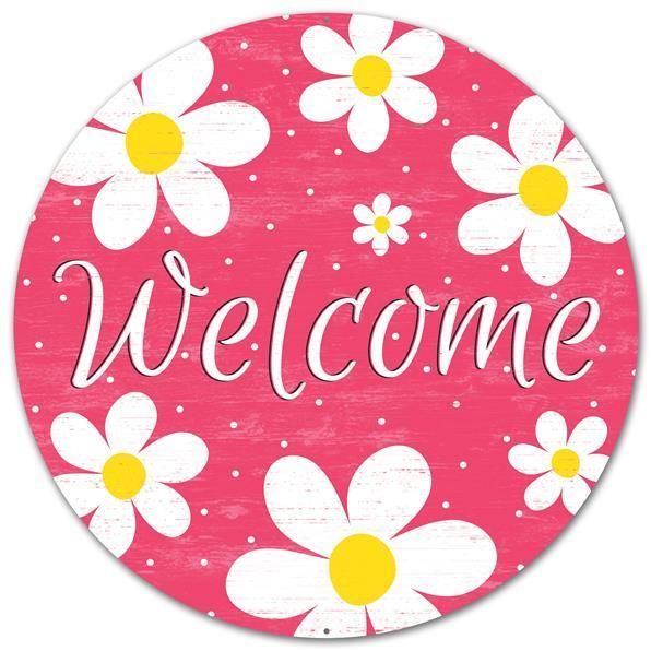 Welcome daisy sign 12 inch round metal pimk yellow and white
