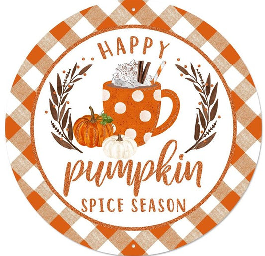 12"Dia Glitter Happy Pumpkin Spice Season sign-Orange/Copper/White/Brown metal