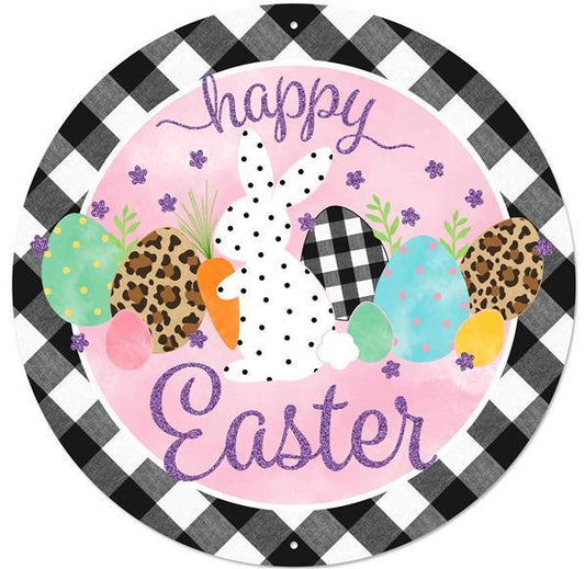 Happy Easter sign witn polka dot bunny animal print Easter eggs 12 inch round