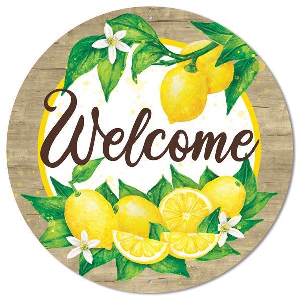 12"Dia welcome with lemons and wood border metal sign