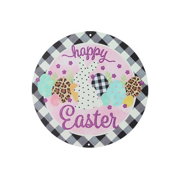 Happy Easter sign with animal print eggs polka dot bunny and black and white check boarder 8 inch round metal