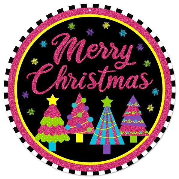8 inch Diameter metal glitter Merry Christmas Sign with trees, hot pink, black, lime, yellow