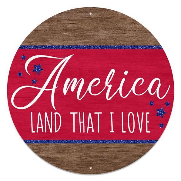 12"Dia America Land that I Love metal sign white red brown with glitter