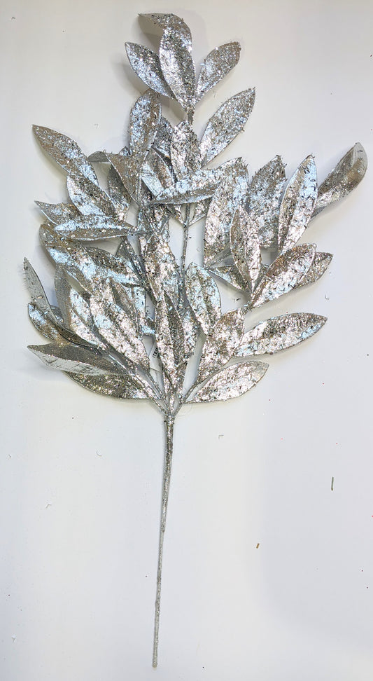 23.5 inch L Silver glitter bay leaf spray