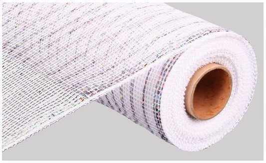 White deco mesh with silver foil stipes 10 inch x 10 yard roll