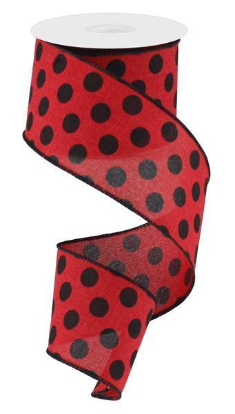 Red and black polka dots wired ribbon 2.5 inch x 10 yard on bulap