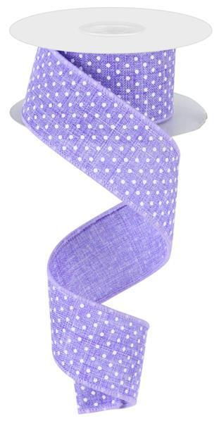 Lavender and white swiss dots wired ribbon on royal 1.5 inch x 10 yard