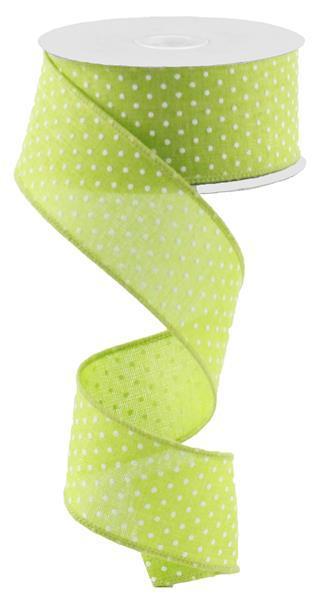Lime Green and white raised swiss dots wired ribbon 1.5 inch x 10 yard