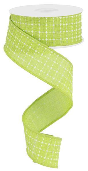 Lime green and white raised square stitch wired ribbon 1.5 inch x 10 yard