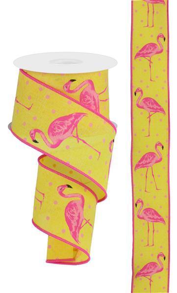 Flamingo ribbon, yellow and pink 2.5 inch x 10 yard roll