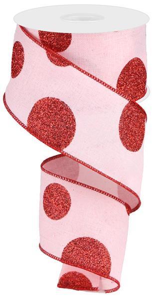 Pink and red glittered large polka dot wired ribbon 2.5 inch x 10 yard