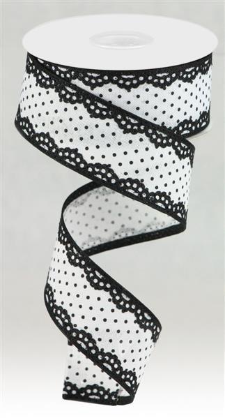 Black and white raised swiss dot wired ribbon with lace edge 1.5 inch x 10 yard