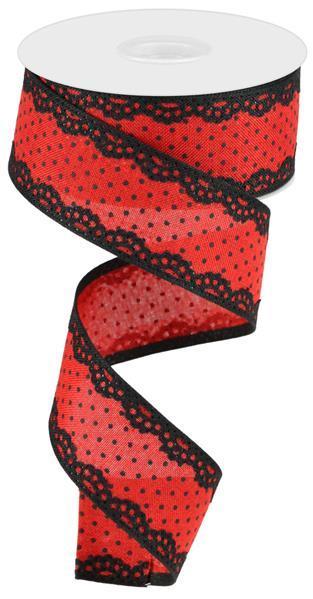 Red and black raised swiss dots with lace edge wired ribbon 1.5 inch x 10 yard
