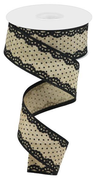 Beige and black raised swiss dots with lace edge wired ribbon 1.5 inch x 10 yard
