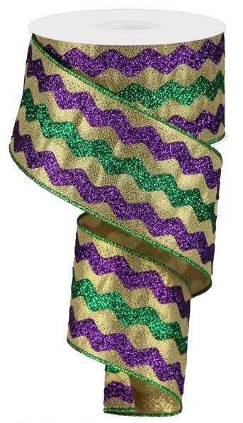 Mardi Gras ricrac metallic wired ribbon 2.5 inch x 10 yard