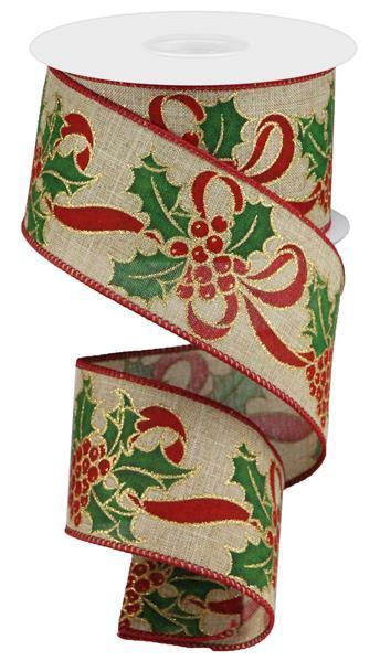 2.5 inch X 10 yards Holly berry light beige, green, red, gold wired ribbon